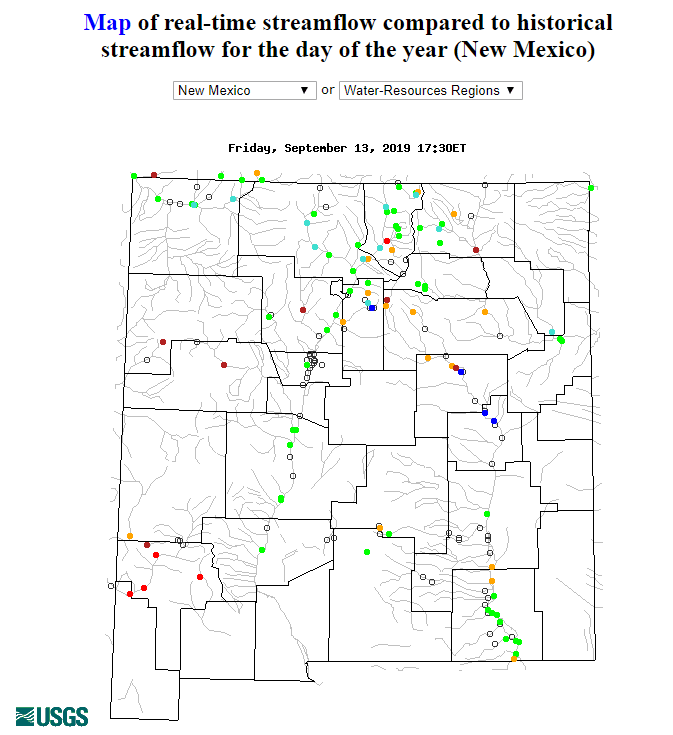 Map of real-time streamflow compared to historical streamflow for the day of the year (New Mexico)